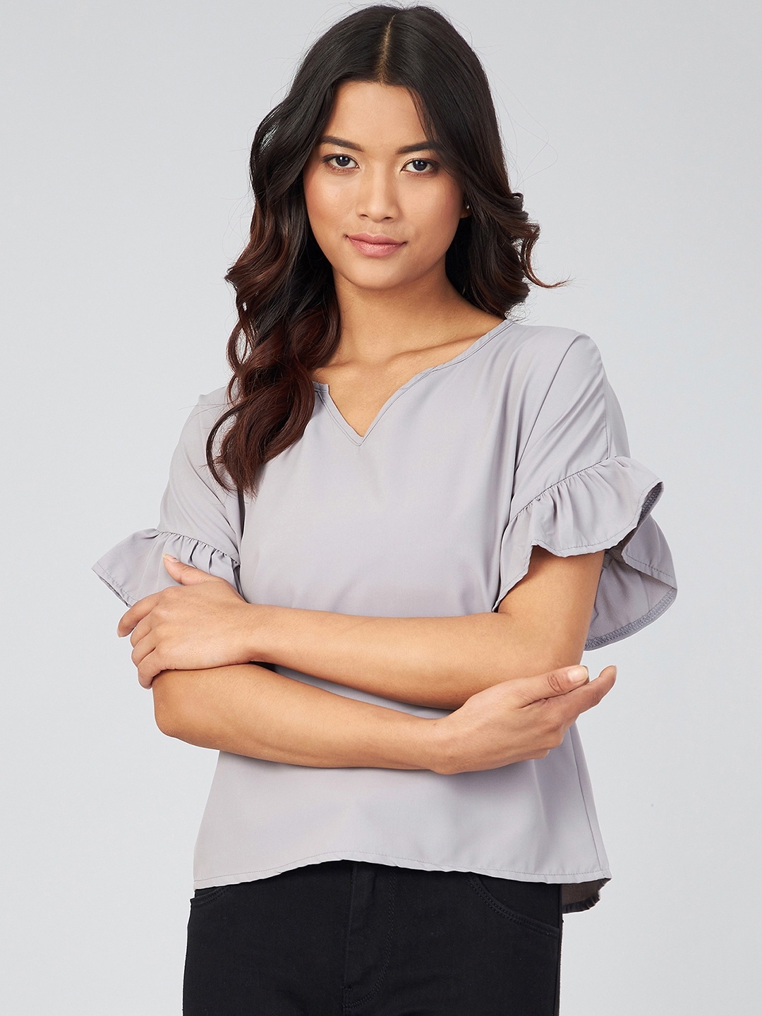 

CHIMPAAANZEE Sweetheart Neck Flutter Sleeves Regular Top, Grey