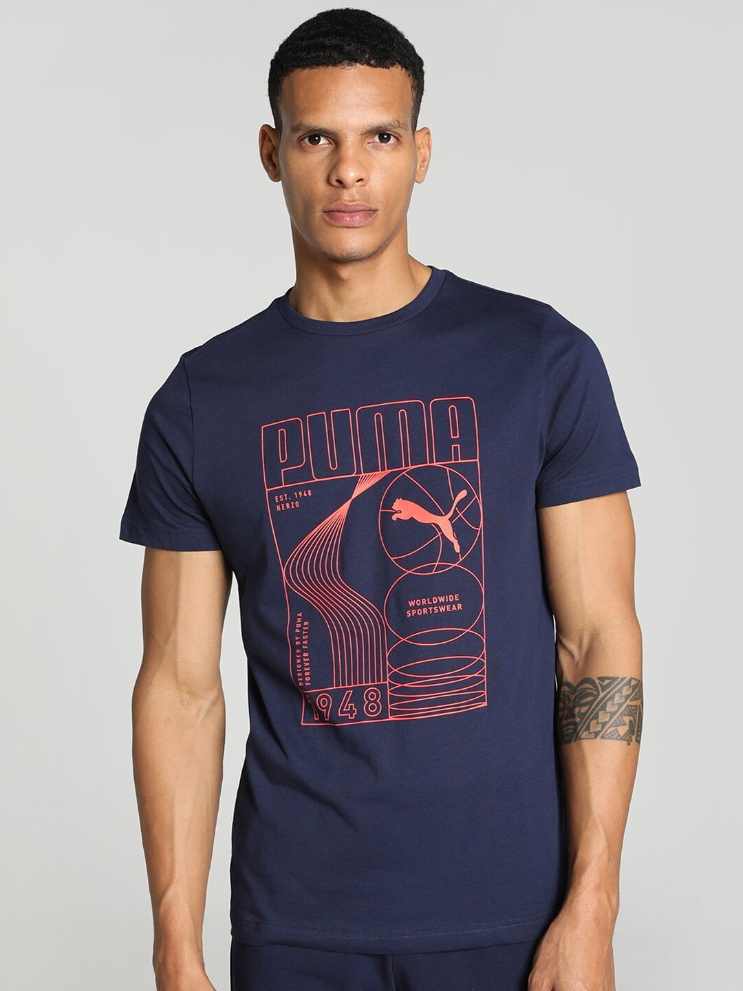 

Puma Sport Inspired Graphic Printed Slim Fit Cotton T-shirt, Navy blue