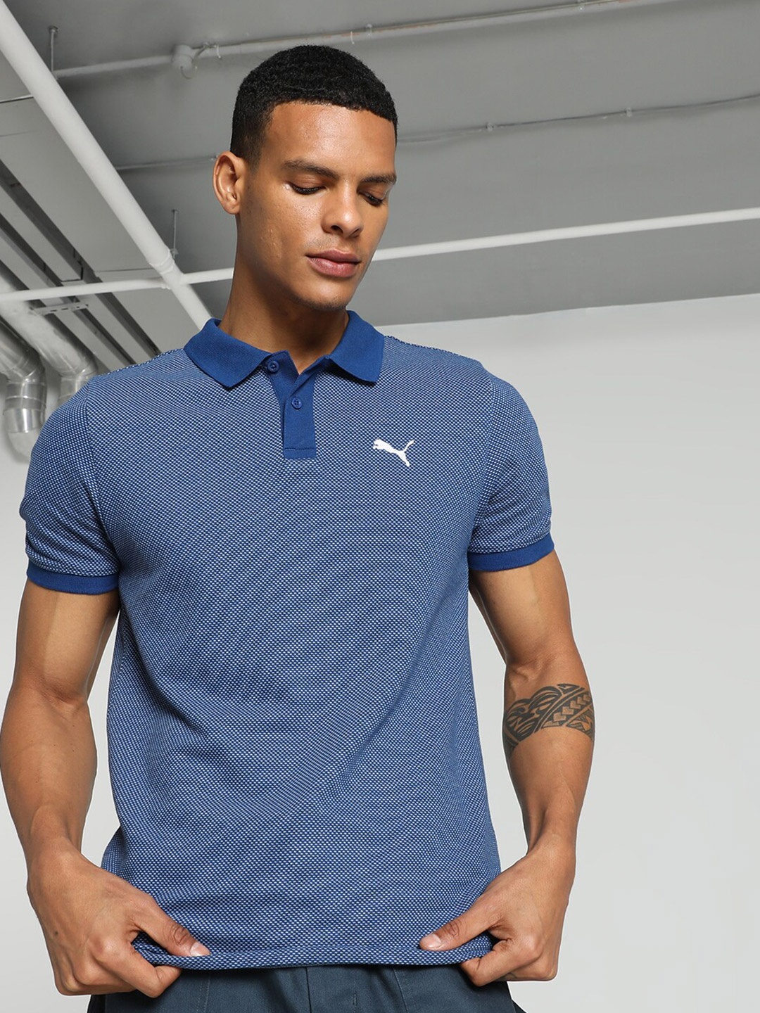 

Puma Printed Jacquard Polo Collar Cotton Slim-Fit T-shirt, Blue