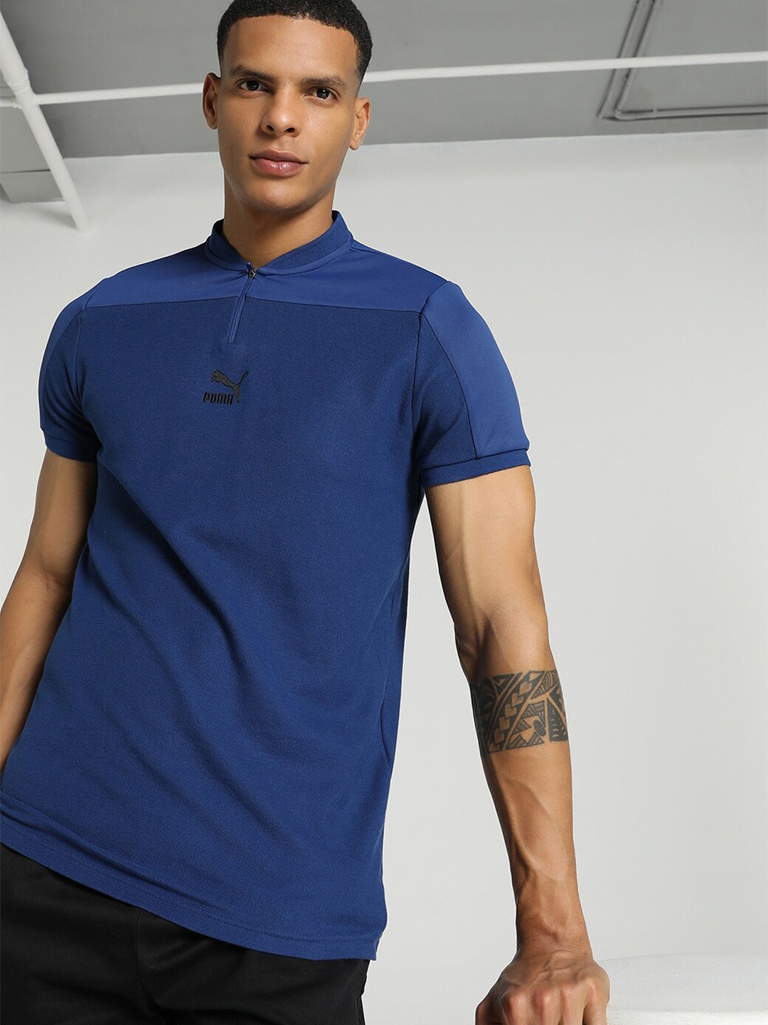 Puma Overlay Polo Collar Slim Fit Cotton T-shirt, Blue