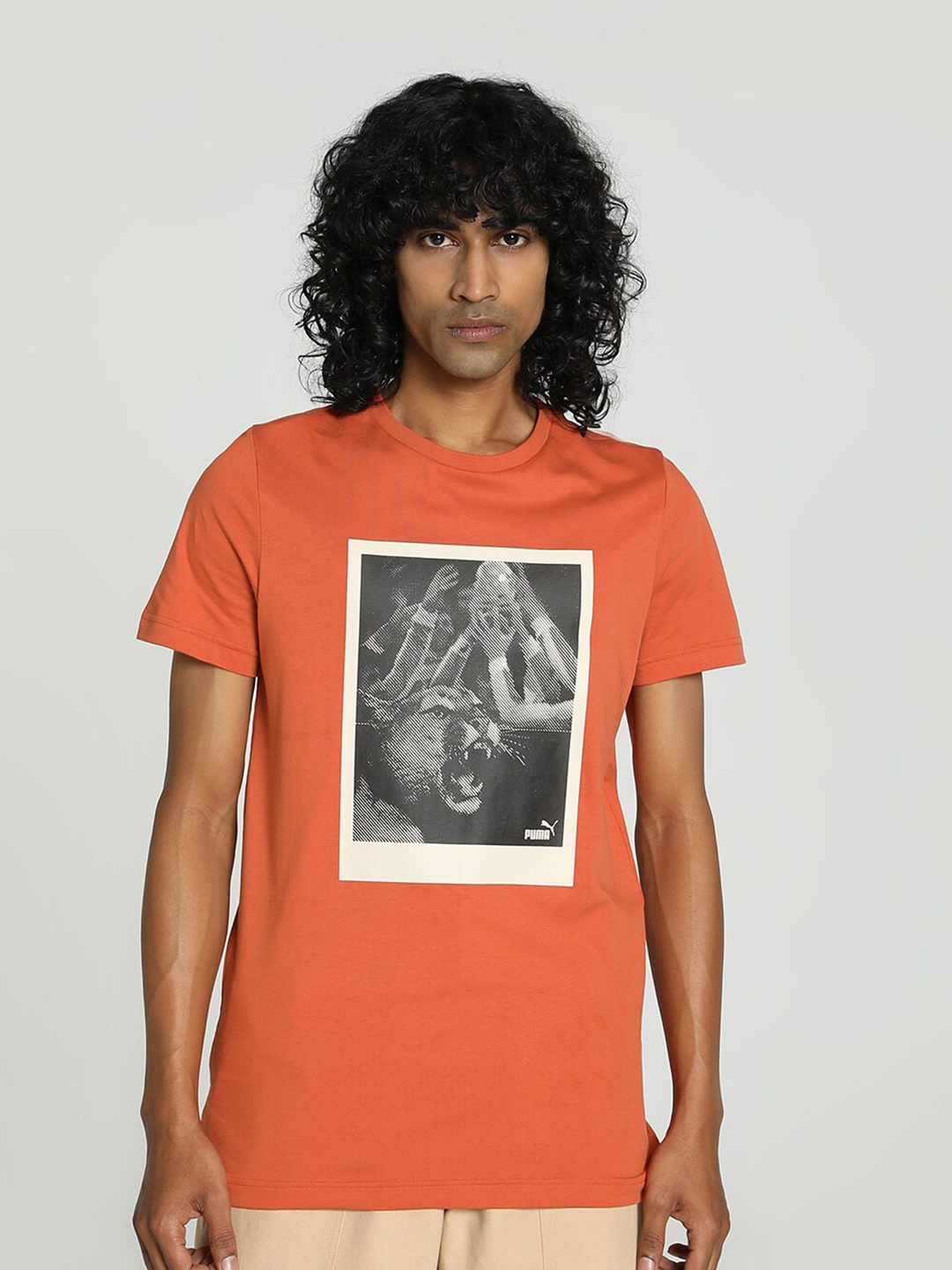 

Puma Sport Graphic Printed Round Neck Slim Fit Cotton T-Shirt, Orange