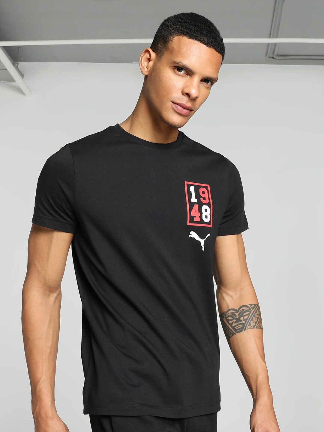 

Puma Logo Graphic Printed Slim Fit Cotton T-shirt, Black