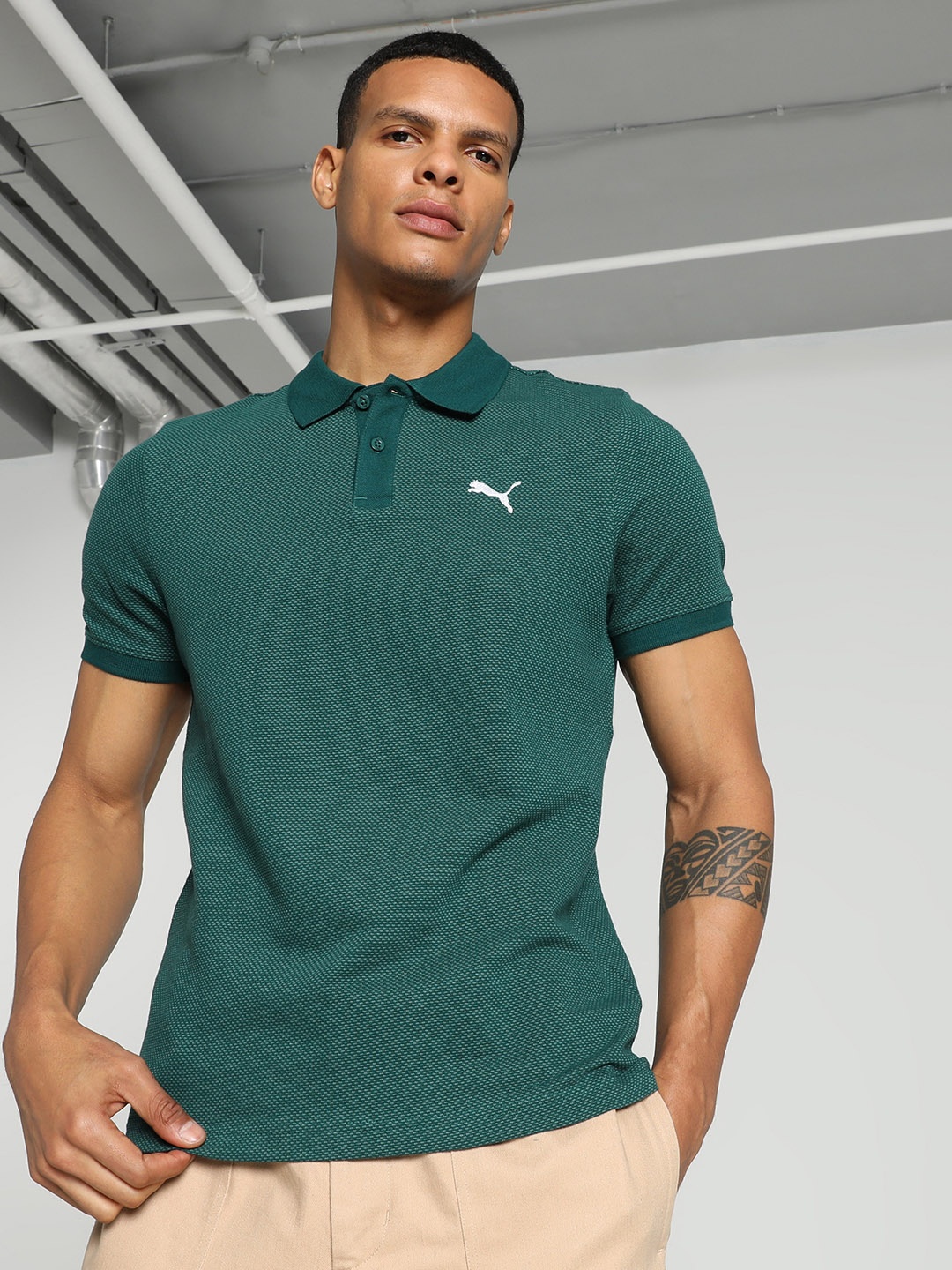 

Puma Jacquard Slim Fit Polo Collar Cotton T-shirt, Green
