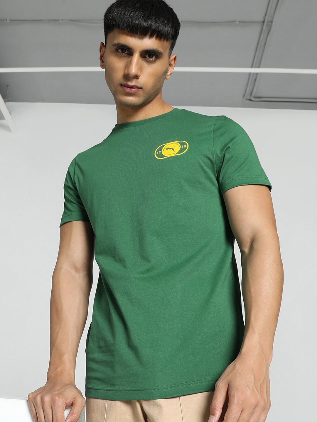 

Puma Stylized Logo Graphic Printed Slim Fit Cotton T-shirt, Green