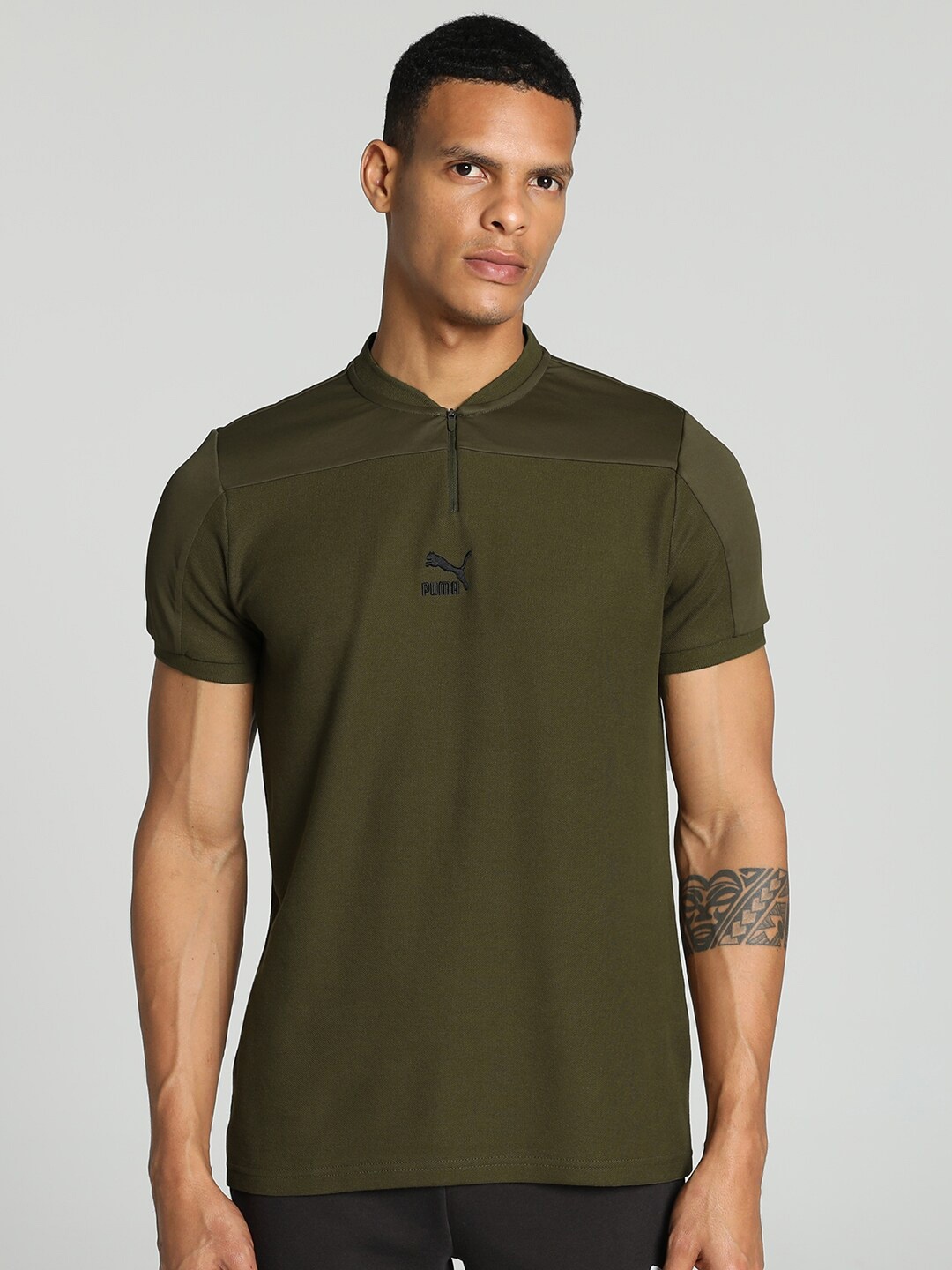 

Puma Overlay Slim Fit Polo Collar Cotton T-shirt, Olive