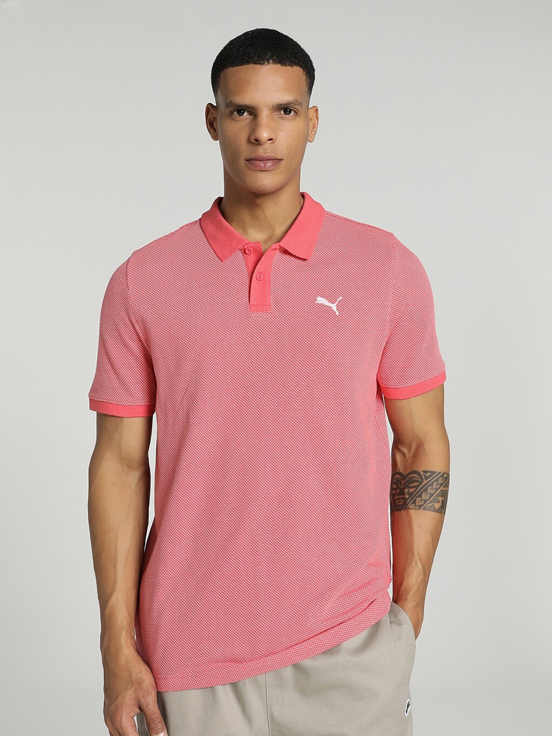 

Puma Jacquard Slim Fit Polo Collar Cotton T-shirt, Pink