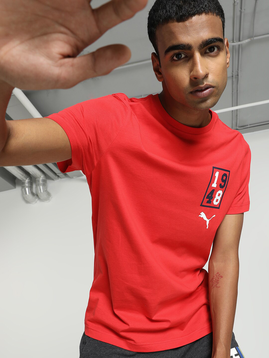 

Puma Logo Graphic Printed Slim Fit Cotton T-shirt, Red