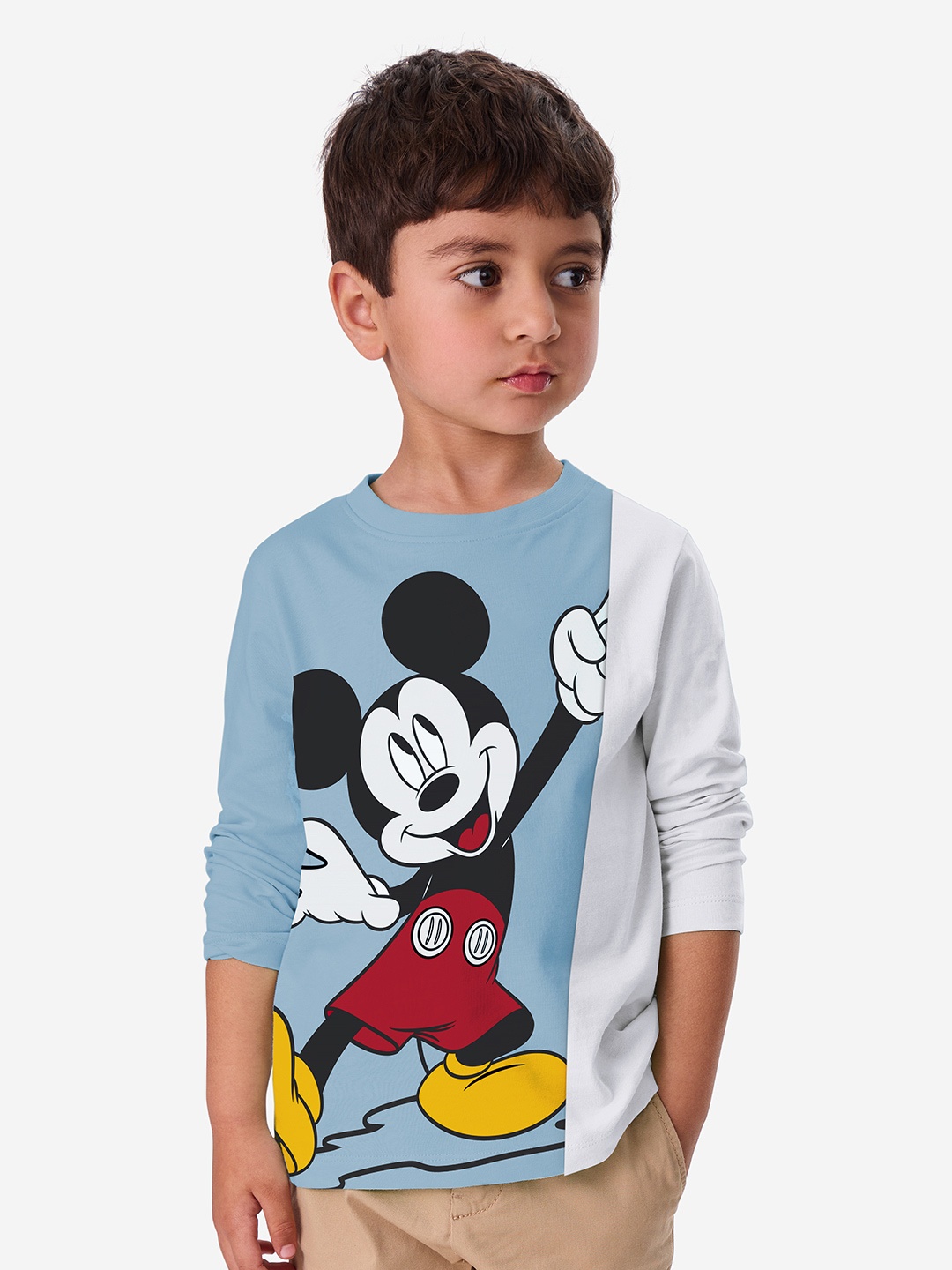 

The Souled Store Boys Blue & Whitev Mickey Mouse Printed Pure Cotton Casual T-shirt