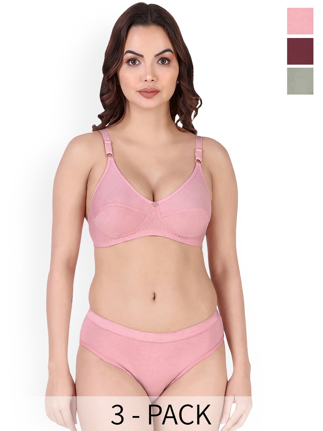 AROUSY Pack Of 3 Cotton Lingerie Set, Pink