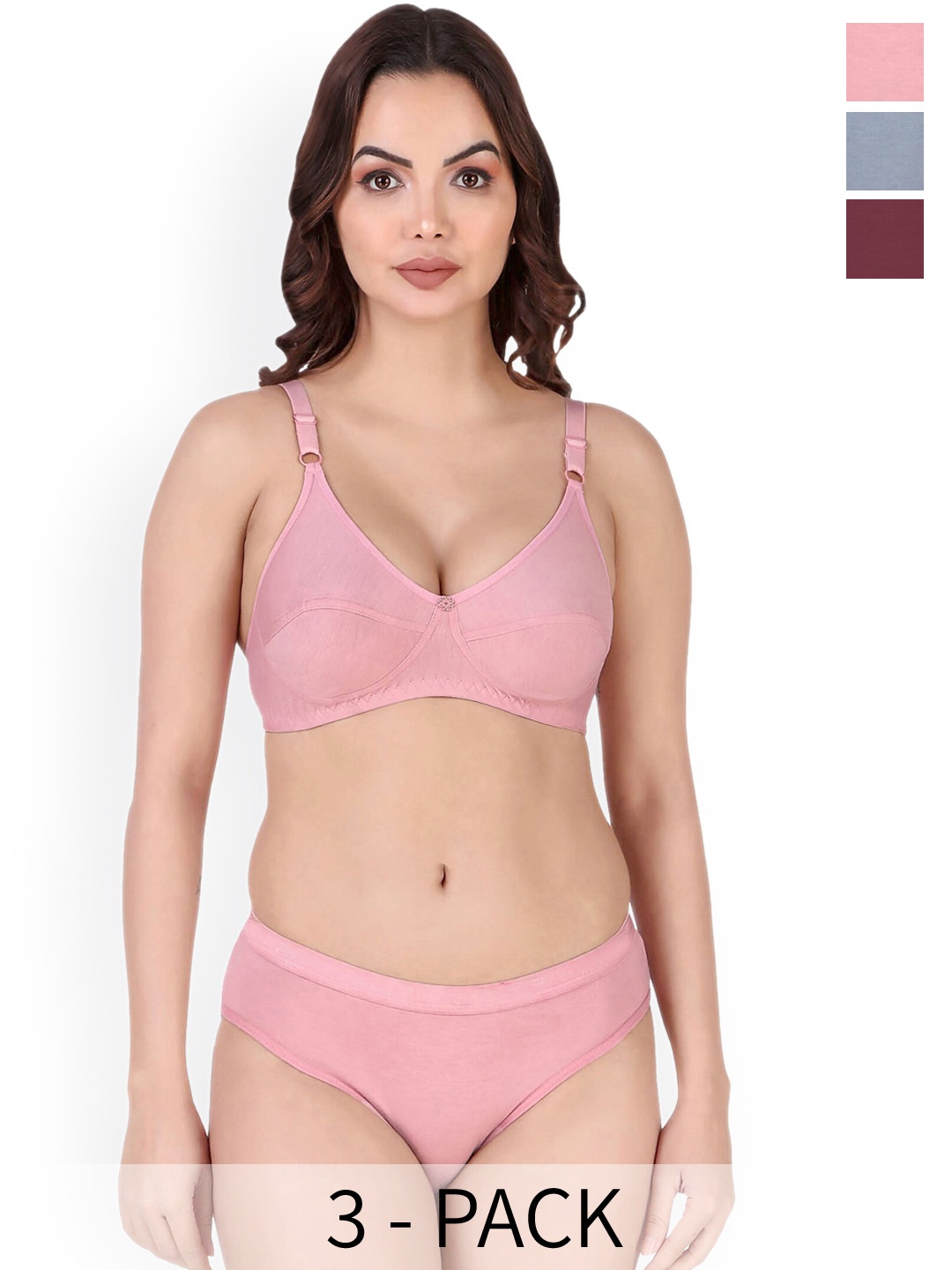 AROUSY Pack Of 3 Cotton Lingerie Set, Pink