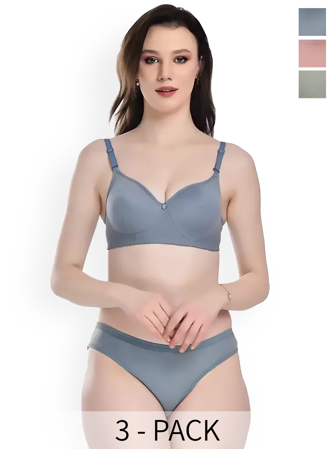 

AROUSY Pack Of 3 Non Padded Cotton Lingerie Set, Blue