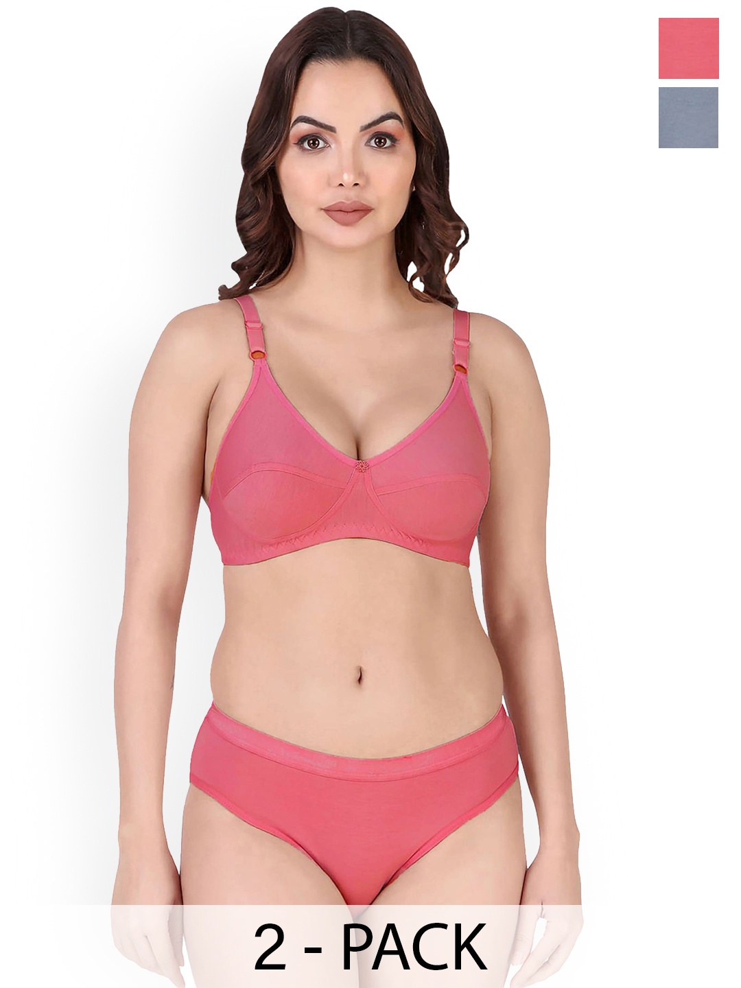 

AROUSY Pack Of 2 Non Padded Cotton Lingerie Set, Red