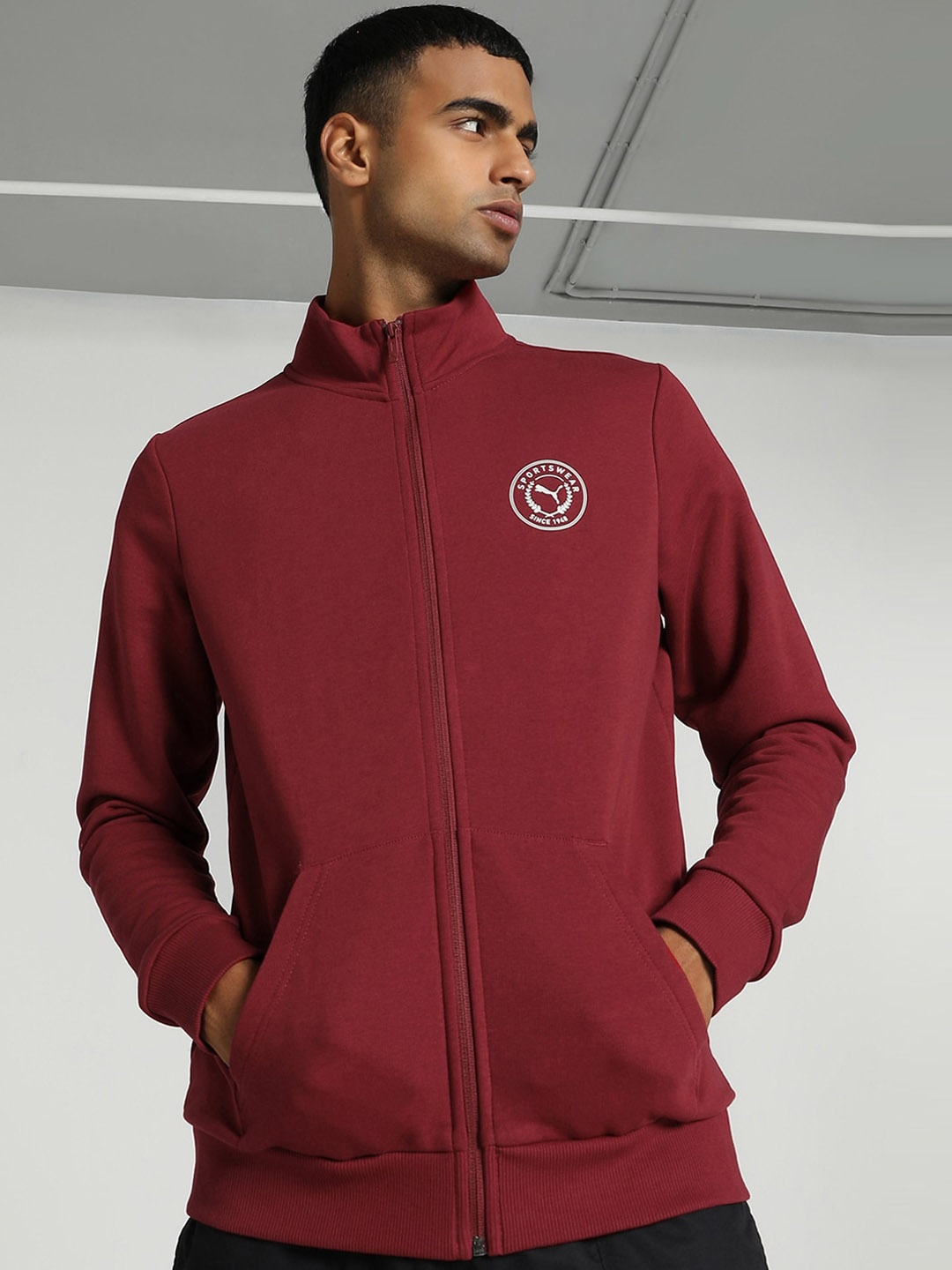 

Puma Varsity Graphic Printed Full-Zip Cotton Mock Collar Jacket, Maroon