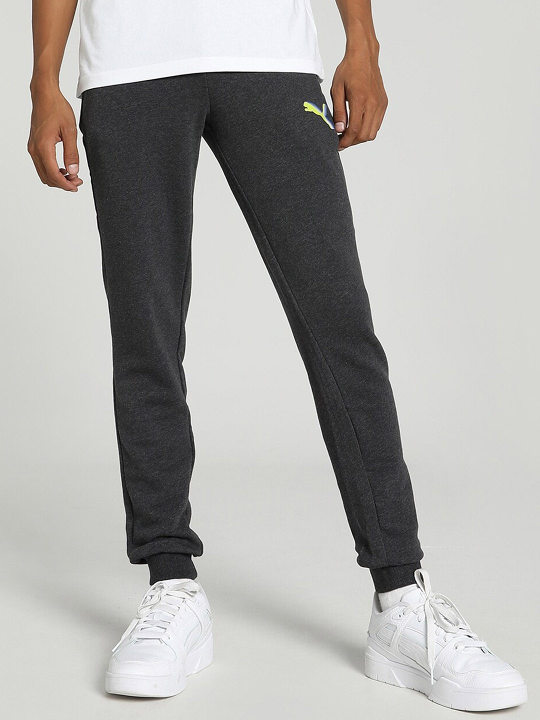 

Puma Men Knitted Graphic Printed Slim Fit Cotton Slim-Fit Joggers, Grey