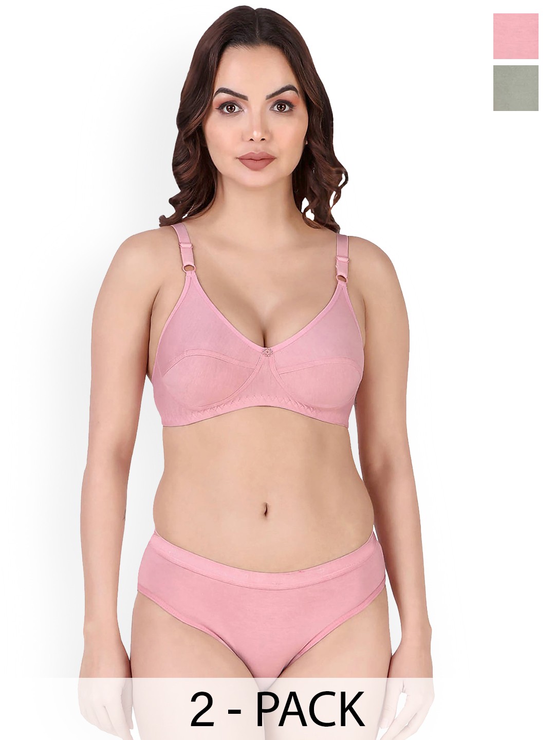 

Aamarsh Pack Of 2 Cotton Cotton Non Padded Bra & Mid-Rise Brief, Pink