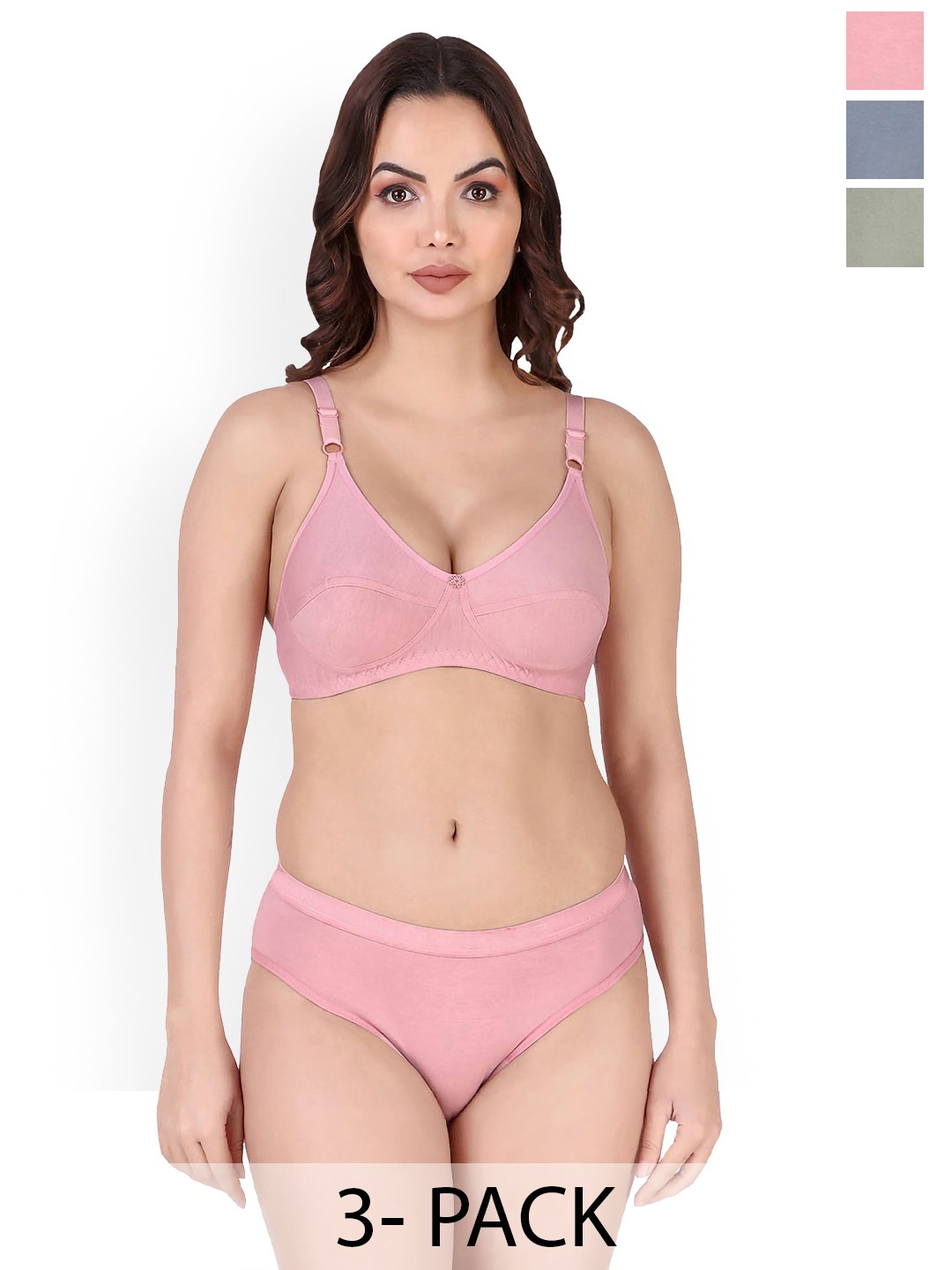 

Aamarsh Pack Of 3 Cotton Cotton Non Padded Bra & Mid-Rise Brief, Pink