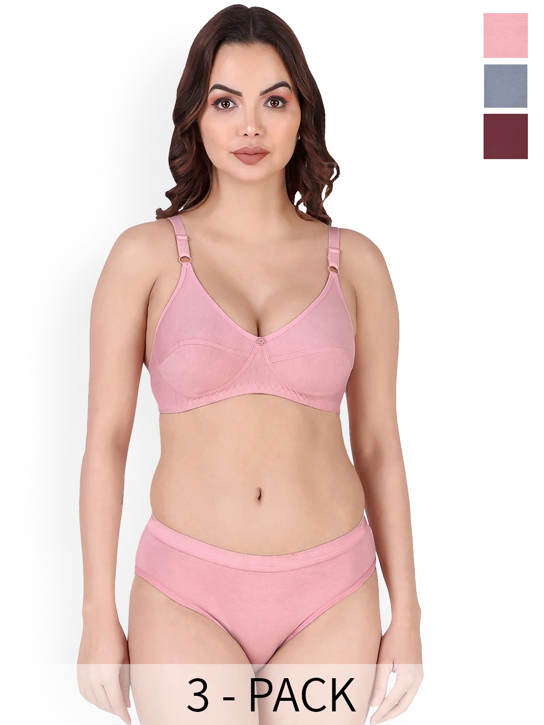 

Aamarsh Pack Of 3 Cotton Cotton Non Padded Bra & Mid-Rise Brief, Pink