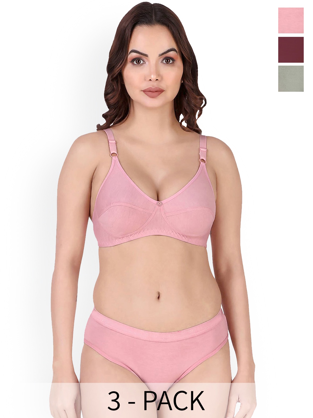 

PIBU Pack Of 3 Cotton Lingerie Set, Pink