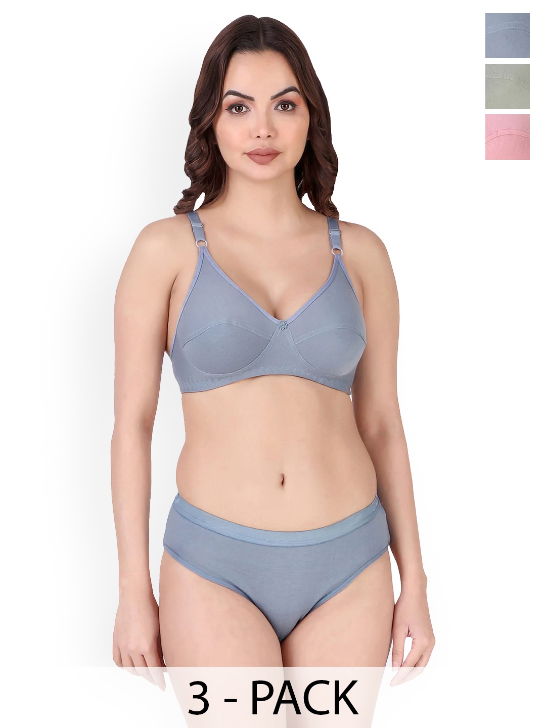 

PIBU Pack Of 3 Cotton Lingerie Set M_Rinki Set3, Blue