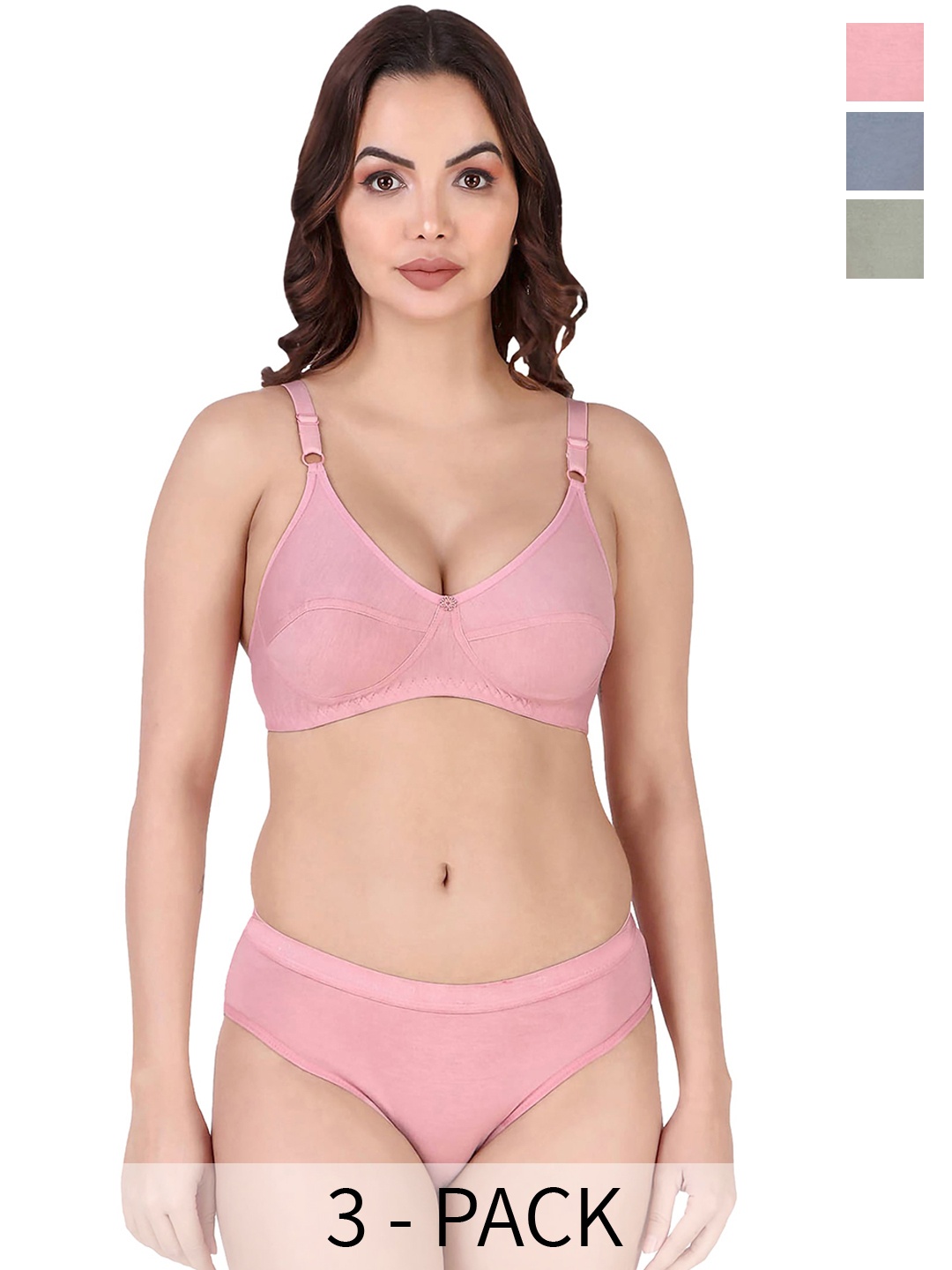 

PIBU Pack Of 3 Cotton Lingerie Set, Blue