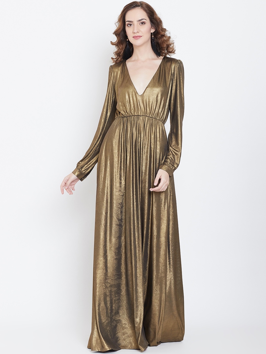 

DODO & MOA V-Neck Cuffed Sleeves Gathered Maxi Dress, Gold