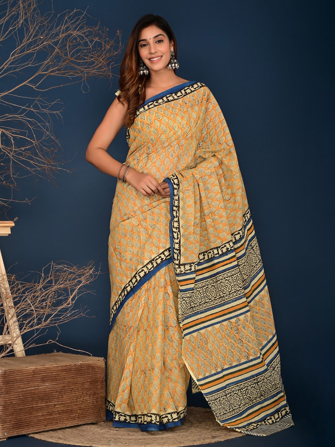 

TROPWEAR Ethnic Motifs Pure Cotton Block Print Saree, Yellow