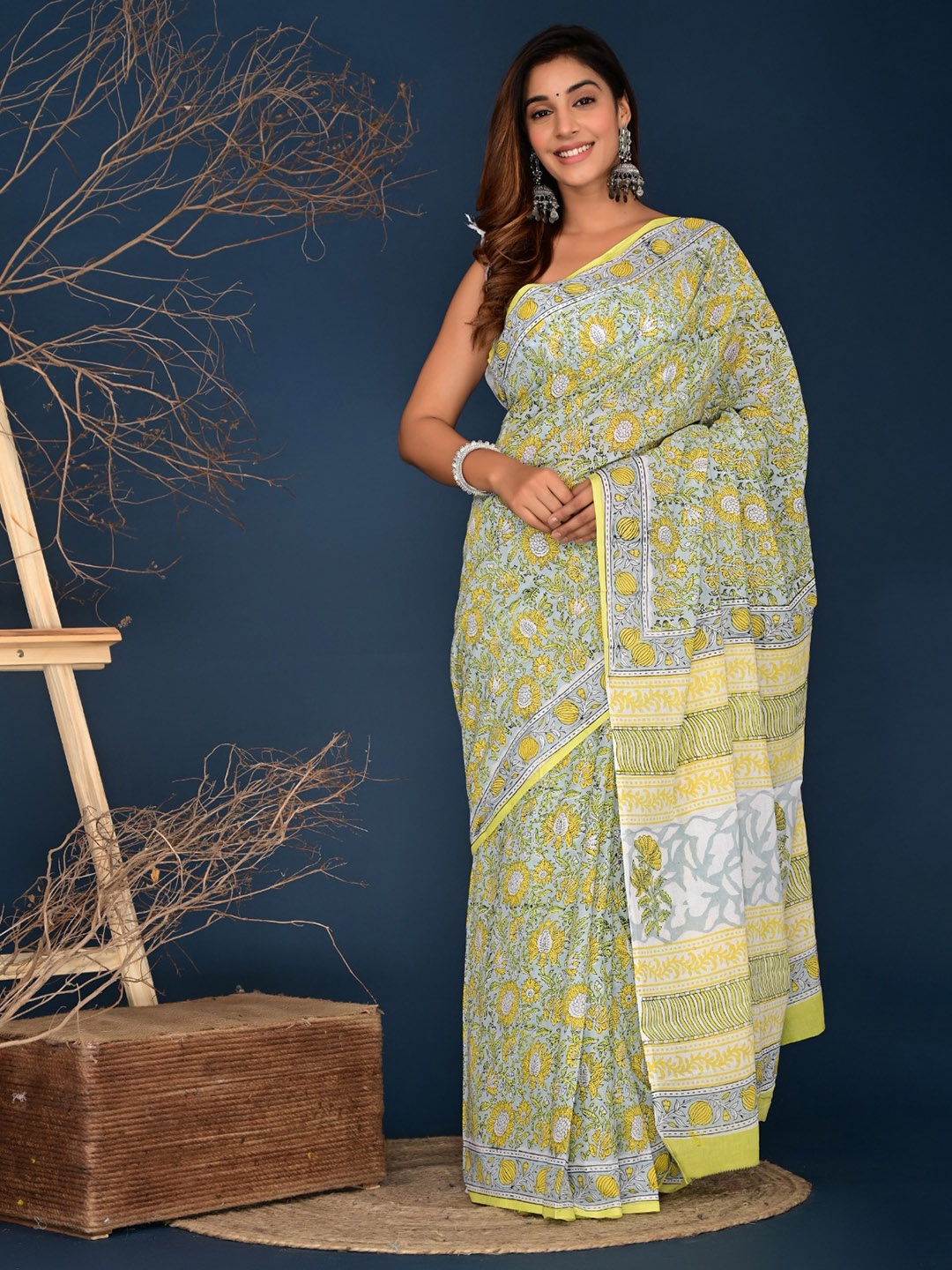 

TROPWEAR Ethnic Motifs Block Print Pure Cotton Saree, Yellow