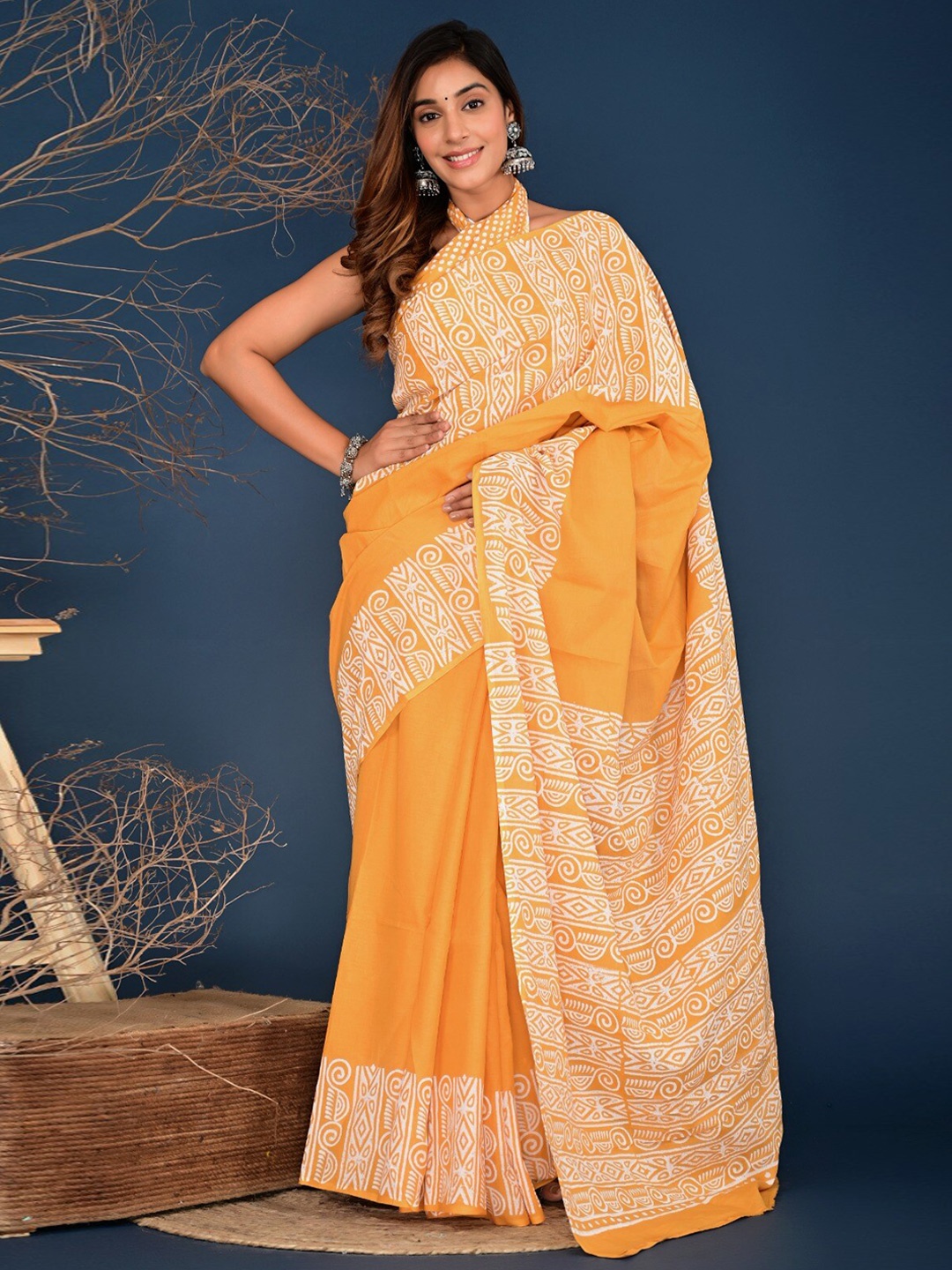 

TROPWEAR Ethnic Motifs Pure Cotton Block Print Saree, Yellow