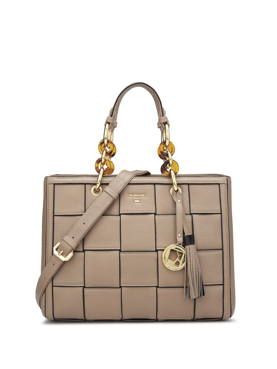 

Da Milano Checked Leather Structured Handheld Bag, Beige