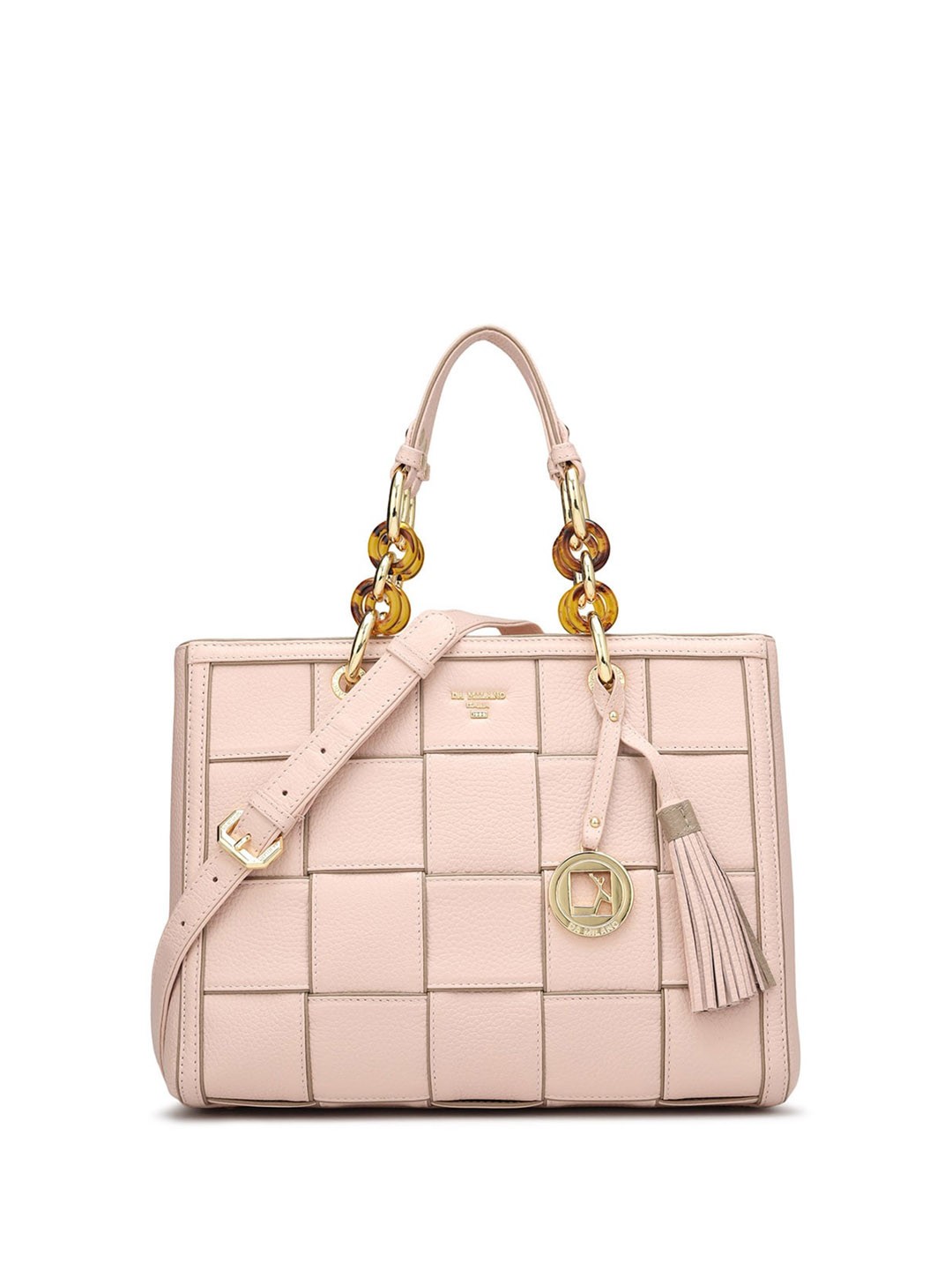 

Da Milano Checked Leather Tasselled Structured Handheld Bag, Pink