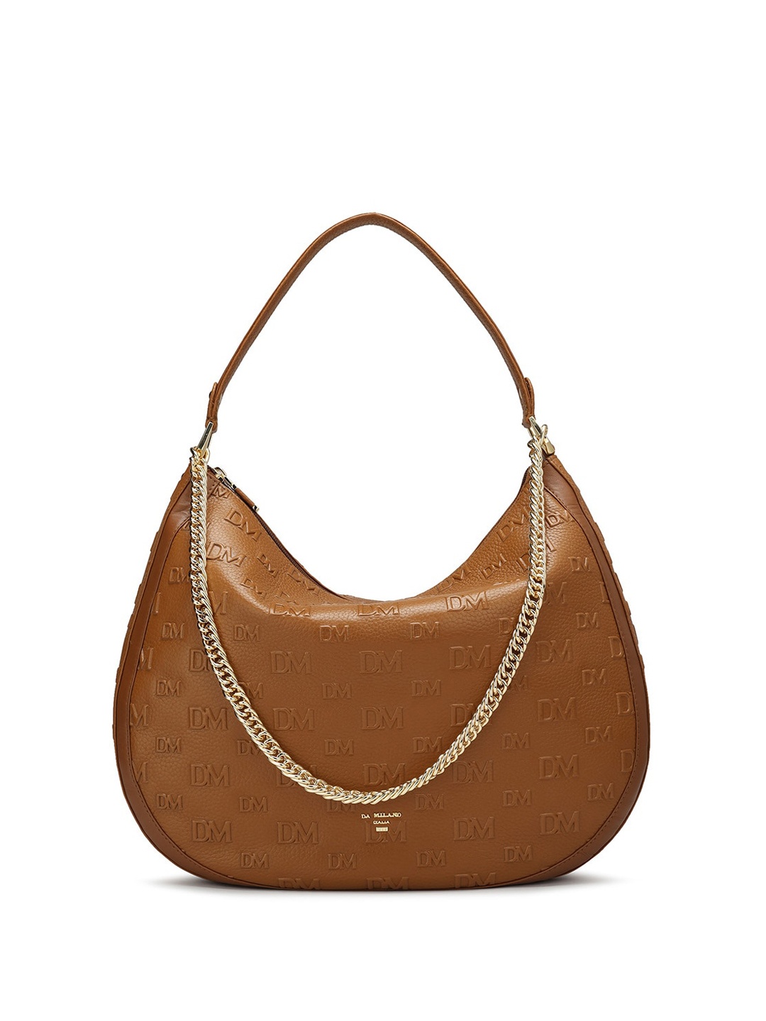 

Da Milano Brand Logo Printed Leather Half Moon Hobo Bag, Brown