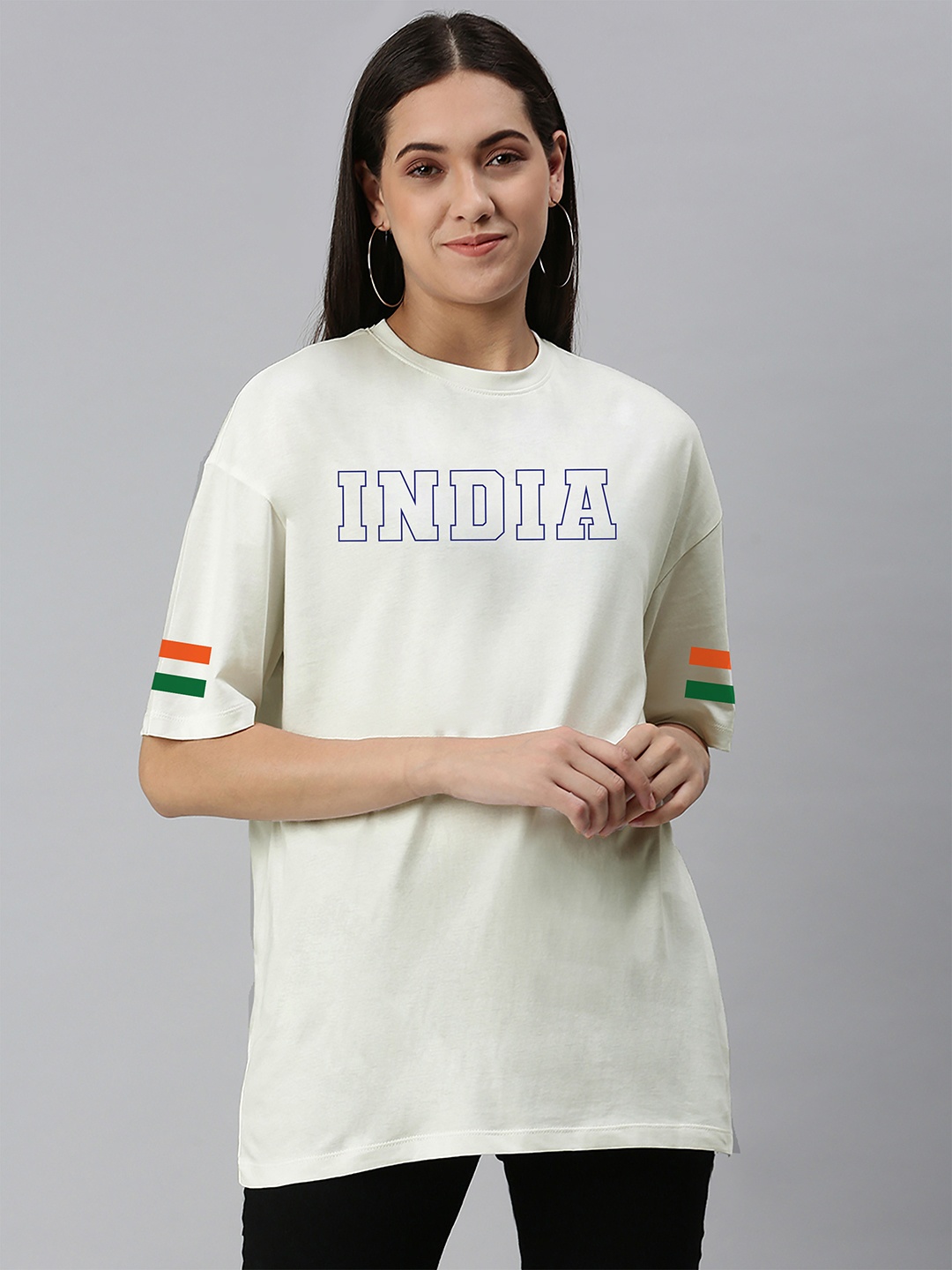 

Harvard White Round Neck Typography Printed Cotton Oversized T-shirt, Off white