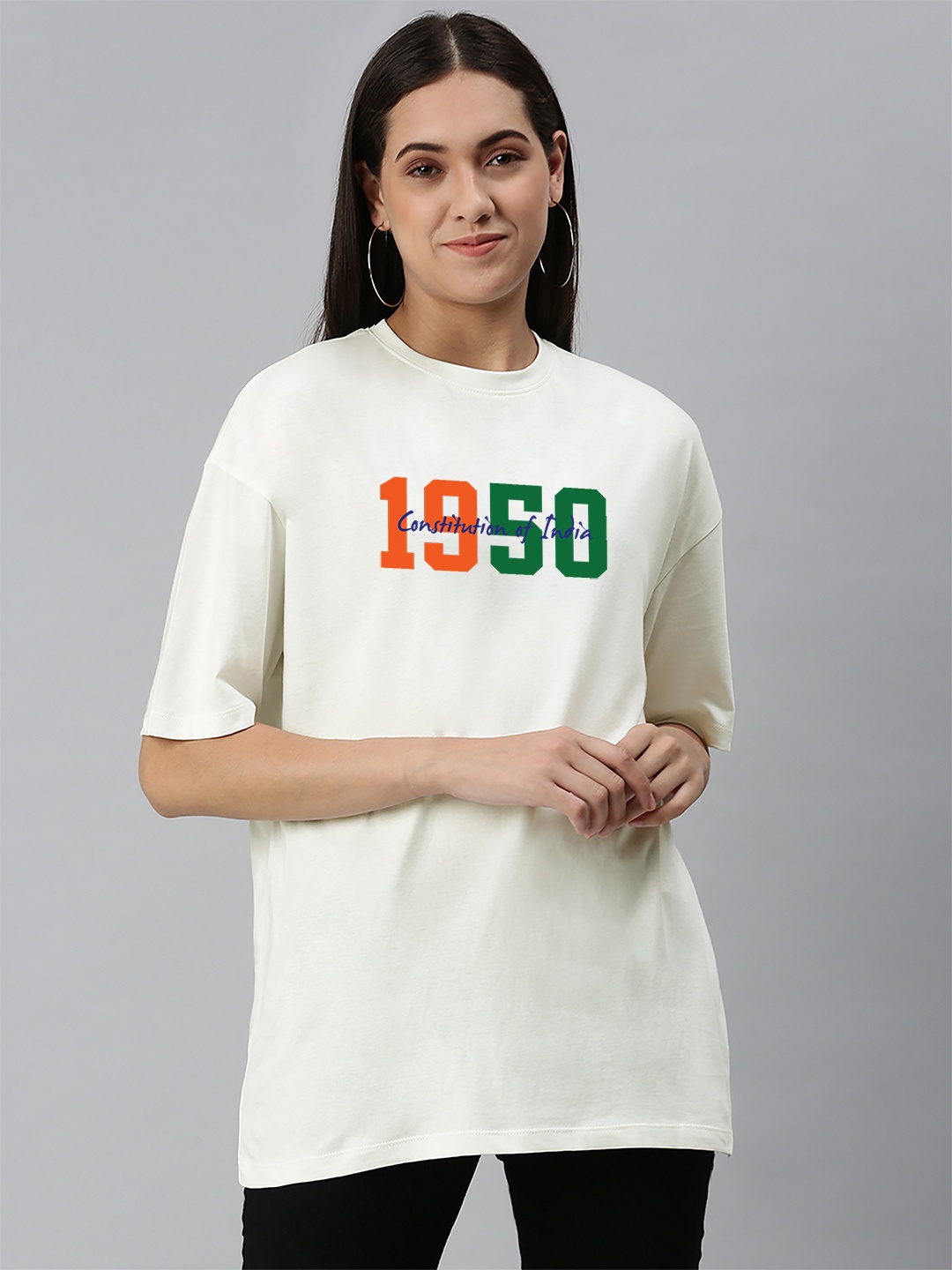 

Harvard White Round Neck Typography Printed Cotton Oversized T-shirt, Off white