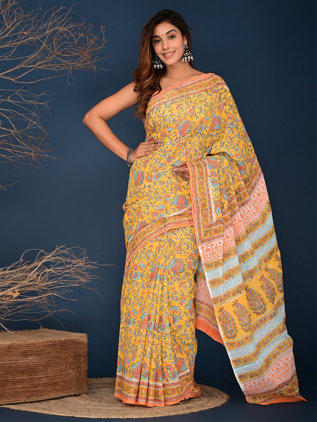 

clothonus Ethnic Motifs Printed Block Print Saree, Mustard