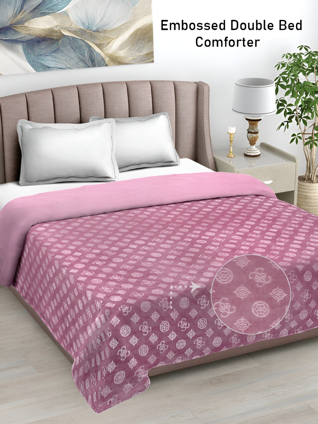 

FABINALIV Onion Geometric Mild Winter 500 GSM Embossed Woollen Double Bed Comforter, Pink