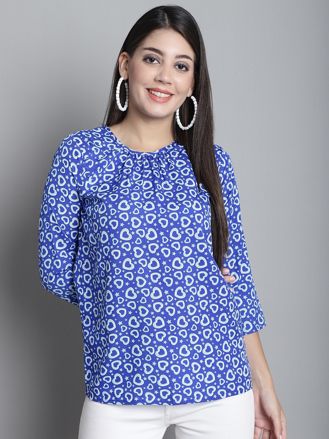 

Dressitude Floral Printed Round Neck Opaque Top, Blue