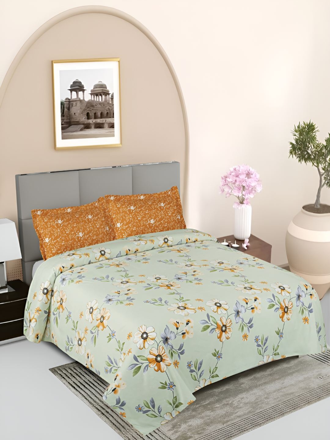 

GAPU & BALY Mustard & Green Floral Printed 120 TC King Bedsheet with 2 Pillow Covers