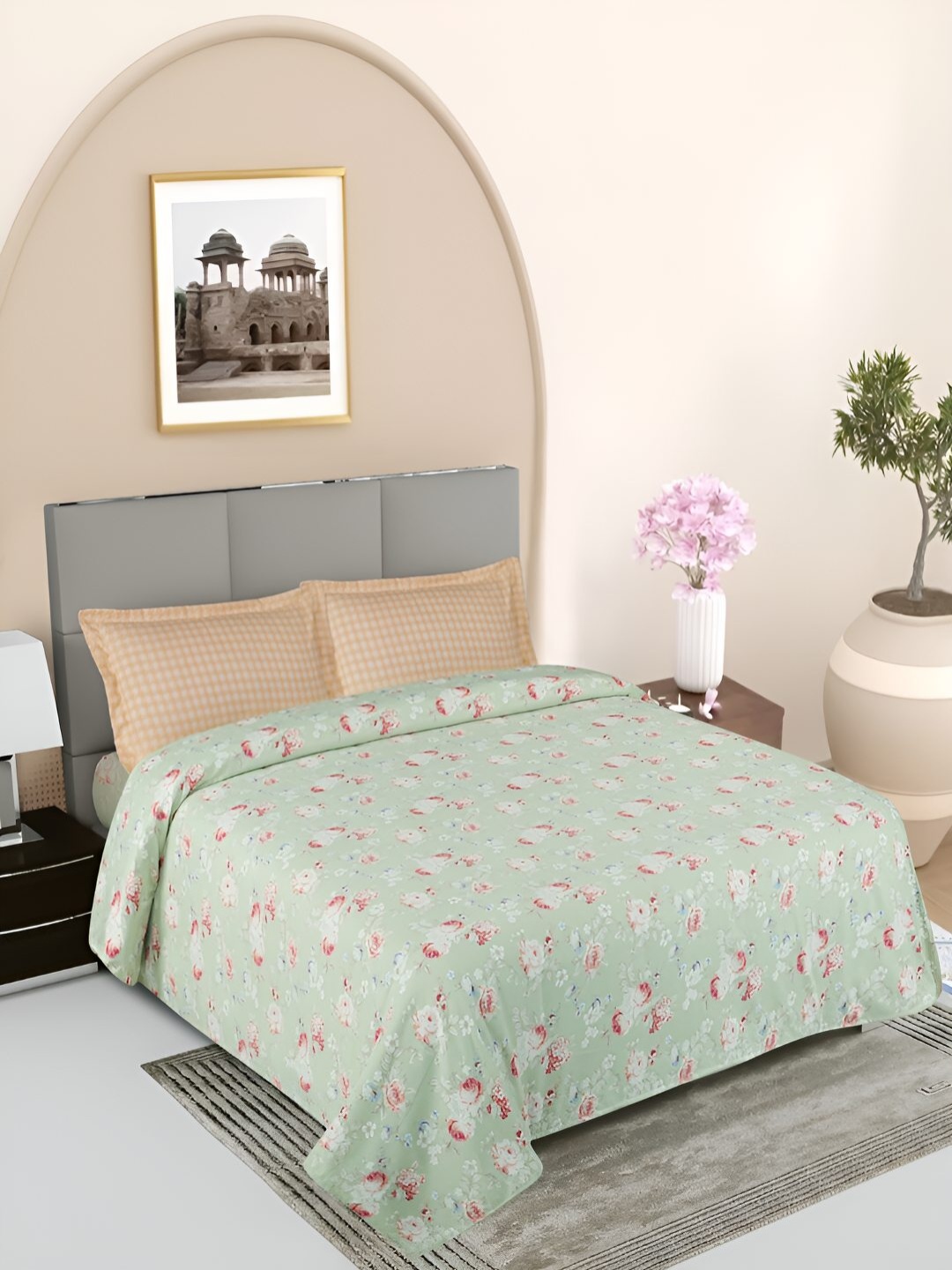 

GAPU & BALY Orange & Green Floral Printed 120 TC King Bedsheet with 2 Pillow Covers