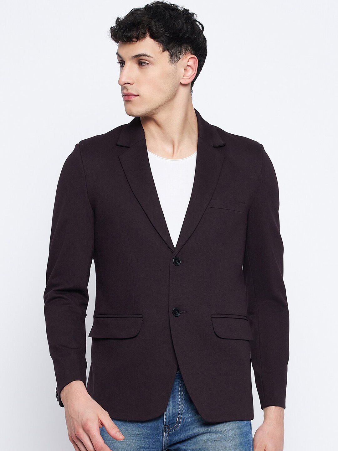 

Okane Notched Lapel Collar Single-Breasted Blazer, Burgundy