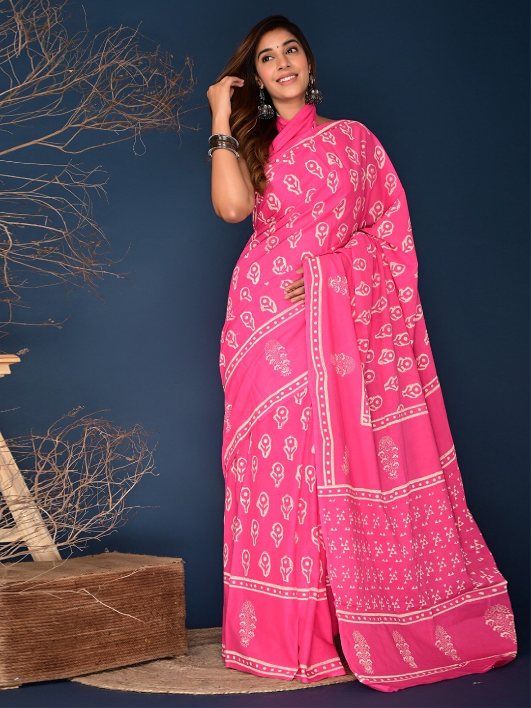

JALTHER Ethnic Motifs Pure Cotton Block Printed Saree, Pink