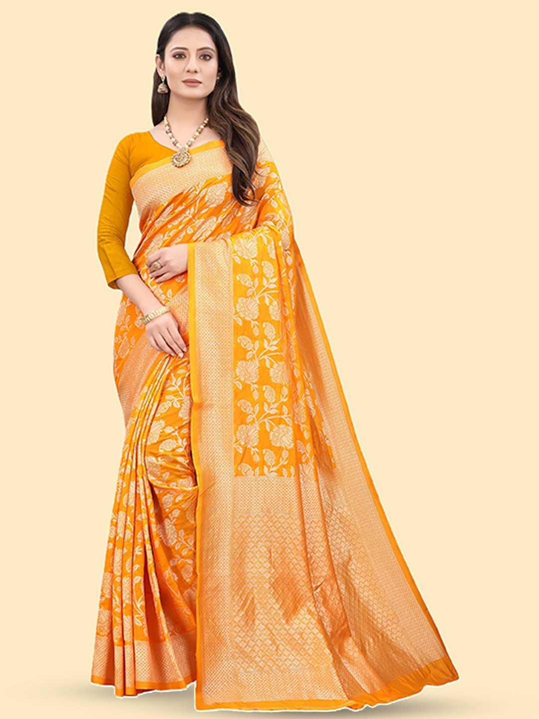 

Celeb Styles Floral Woven Design Banarasi Zari Saree, Mustard