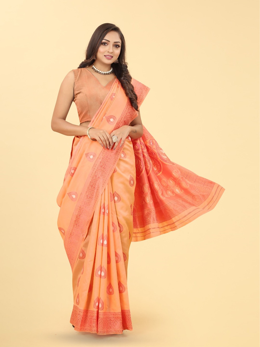 

Celeb Styles Ethnic Motifs Woven Design Zari Banarasi Saree, Orange