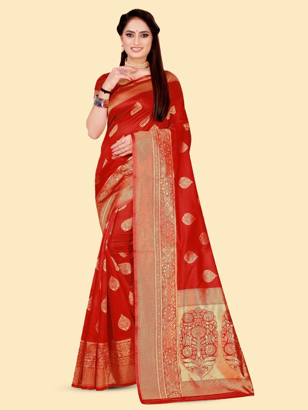 

Celeb Styles Ethnic Motifs Woven Design Banarasi Zari Saree, Red