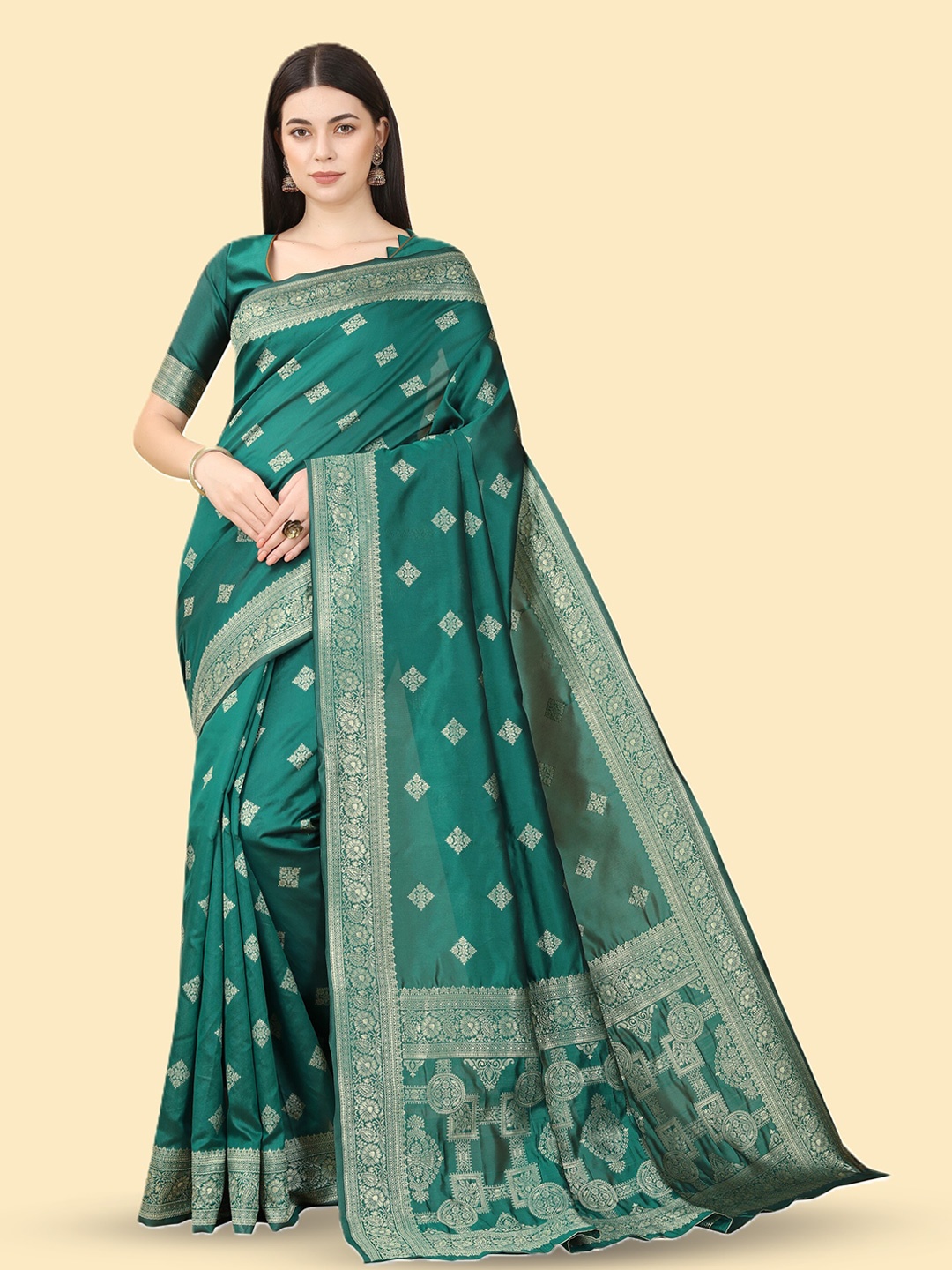 

Celeb Styles Ethnic Motifs Woven Design Banarasi Zari Saree, Green