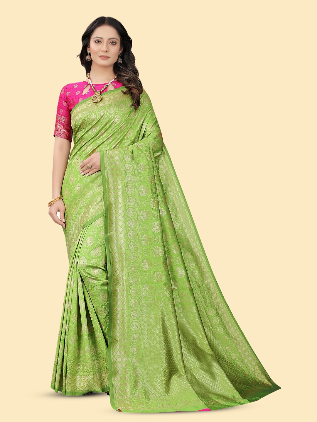 

Celeb Styles Ethnic Motifs Woven Design Zari Banarasi Saree, Olive