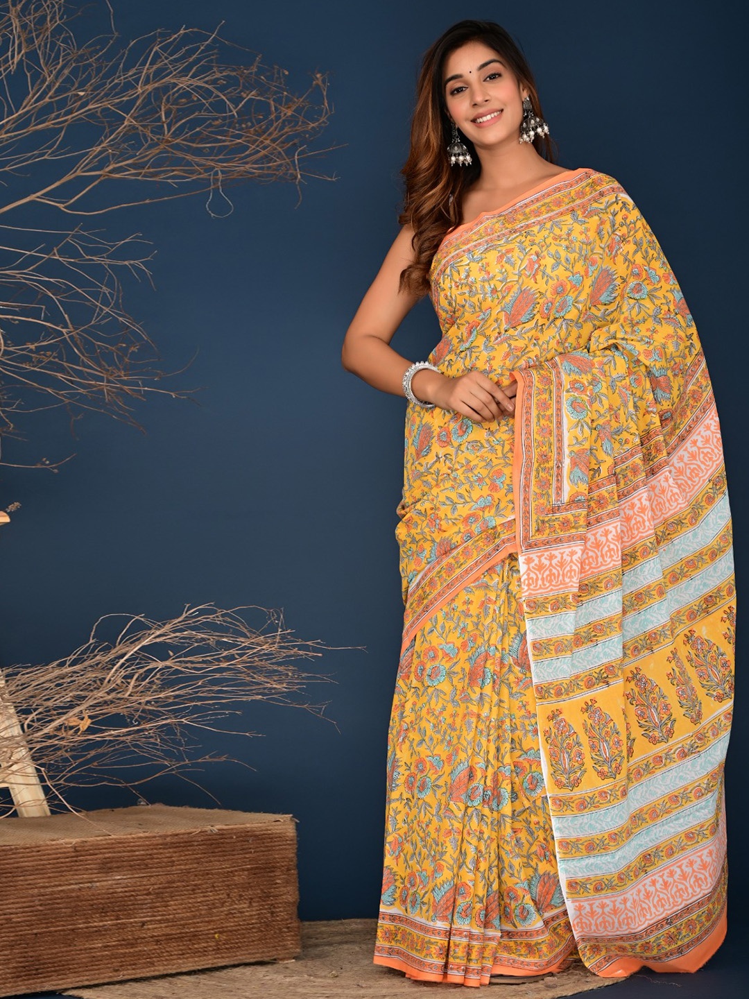 

KIAARON Floral Printed Cotton Block Print Saree, Mustard