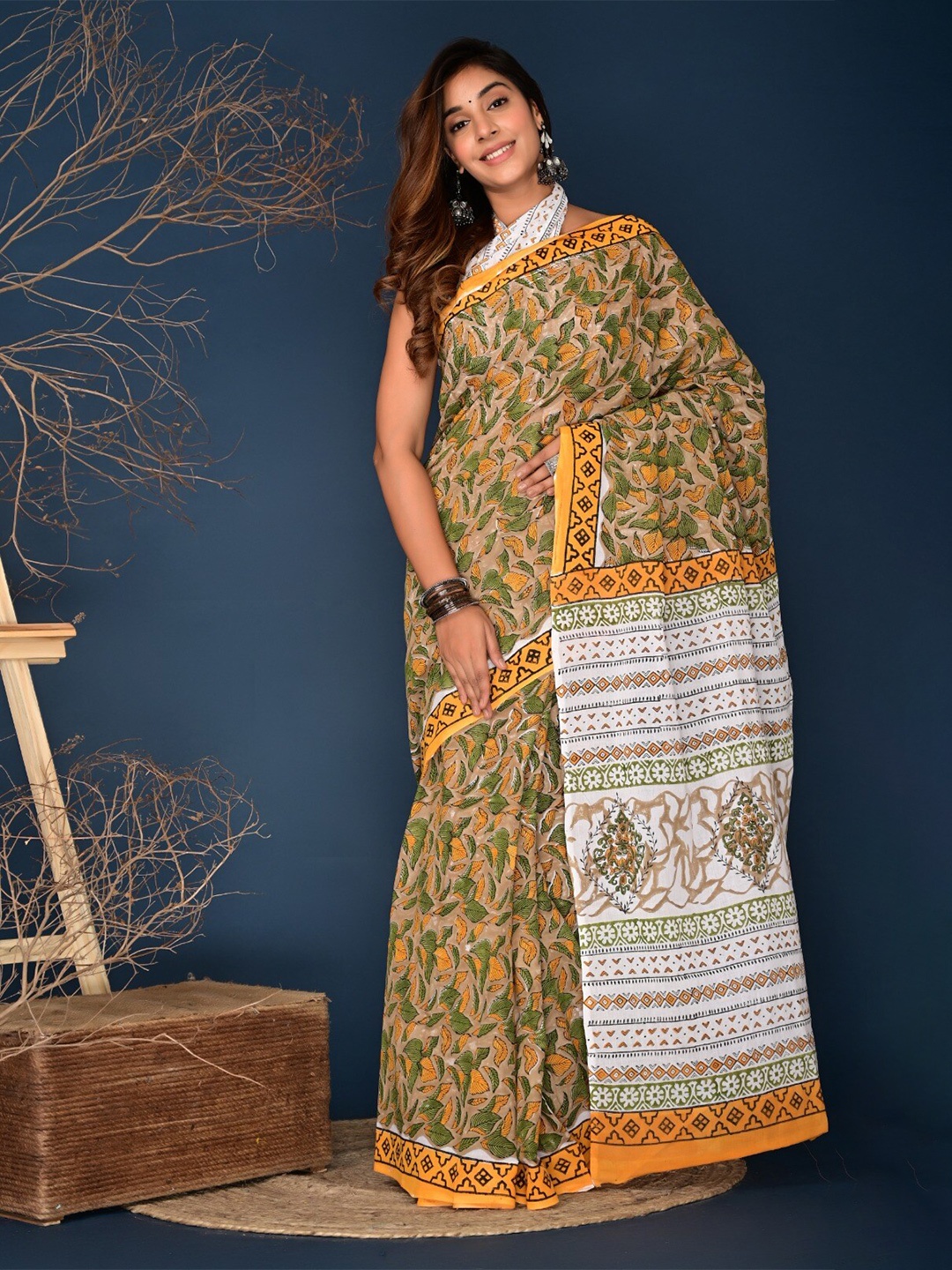 

KIAARON Ethnic Motifs Block Print Saree, Mustard