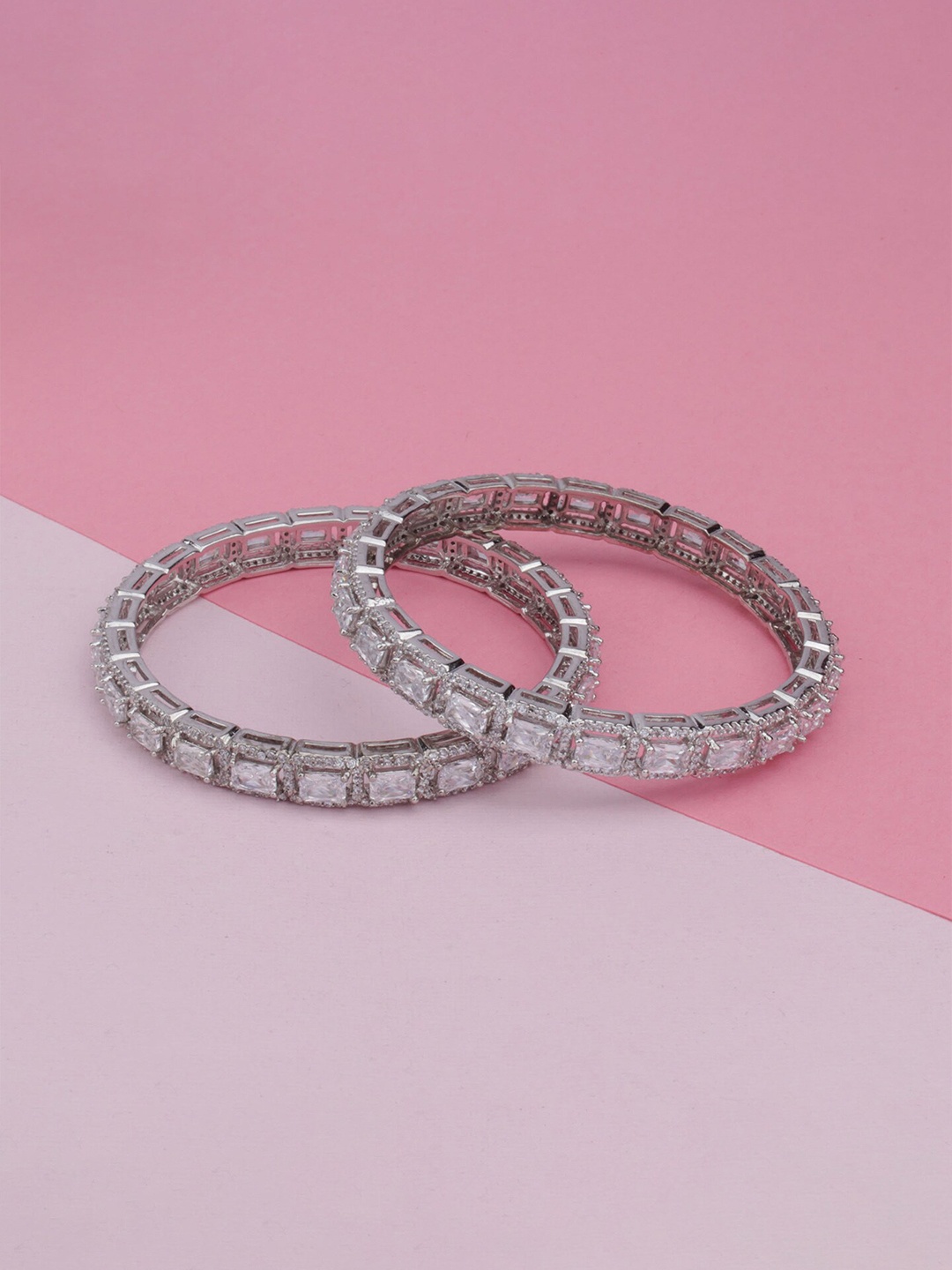 

Mirana Set Of 2 Rhodium-Plated American Diamond-Studded Bangles, Silver