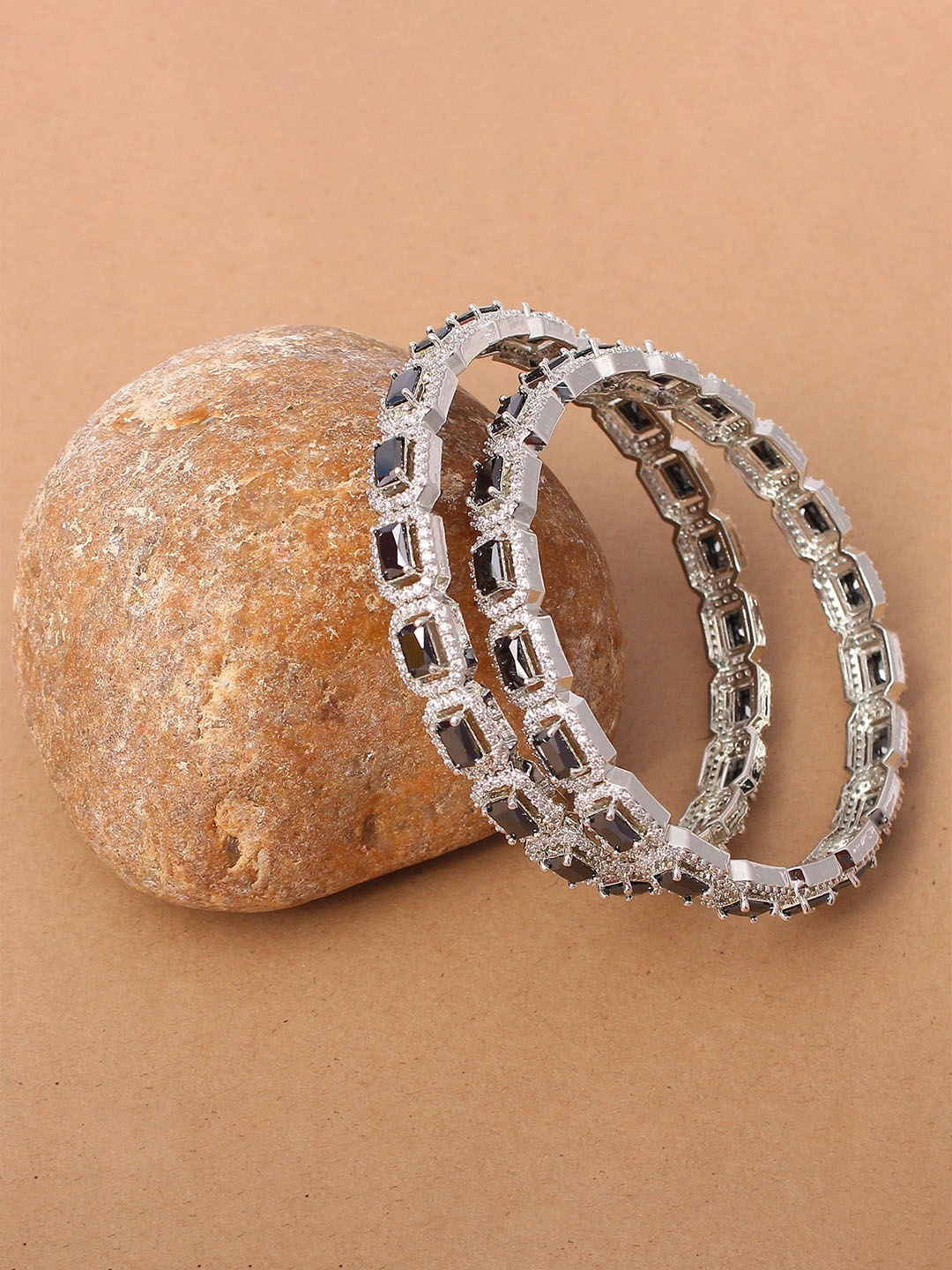 

Mirana Set Of 2 Rhodium-Plated American Diamond Studded Bangles, Silver