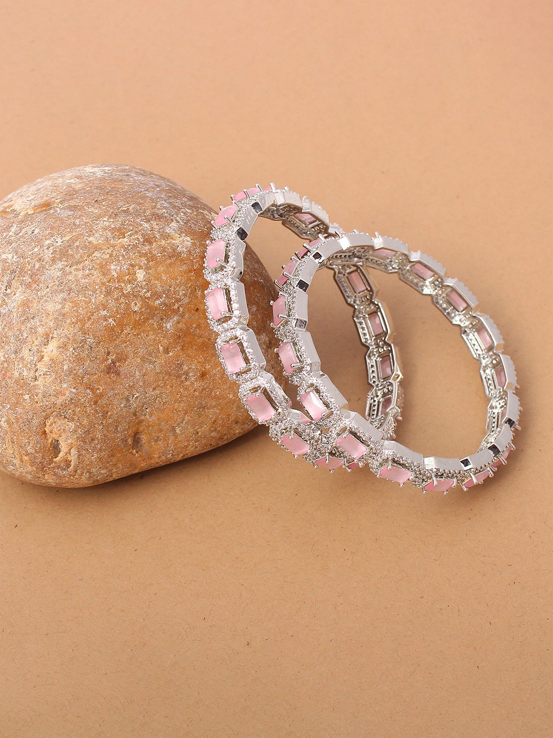

Mirana Set Of 2 Rhodium-Plated American Diamond-Studded Bangles, Silver